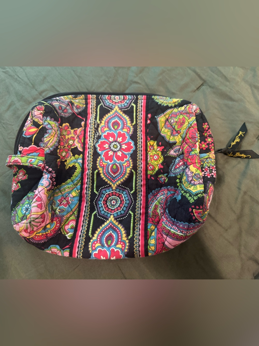 Vera Bradley Black Quilted Cosmetic Case with Bright Paisley Print
